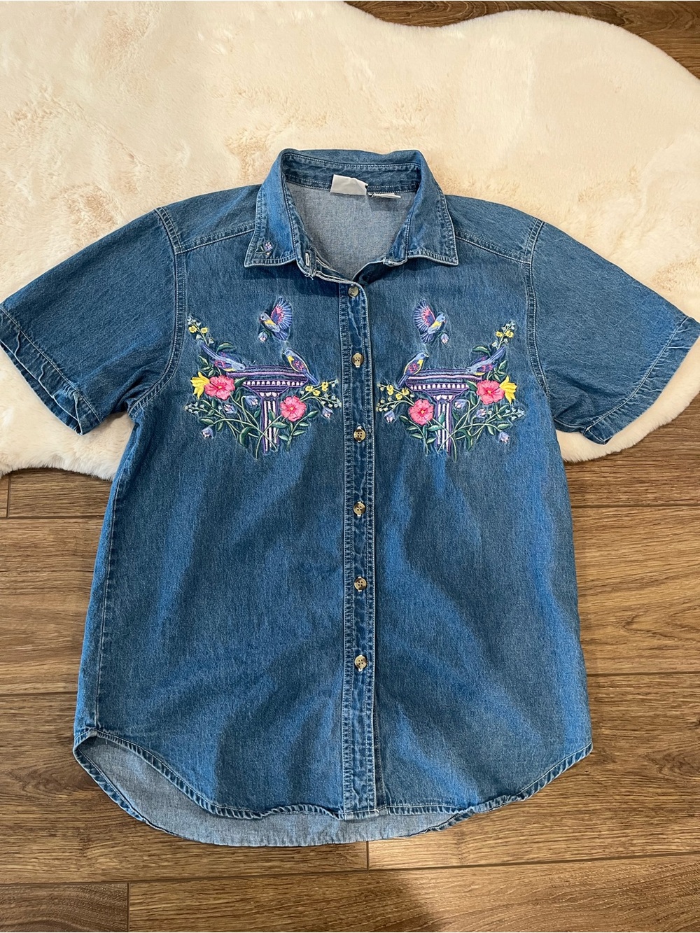 Vintage Bird Floral Embroidered Denim Button Down Shirt Size M